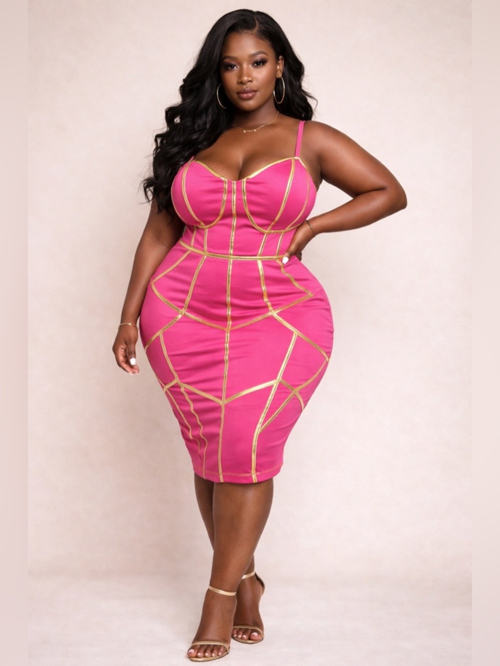Ashley Stewart Fuchsia Pink with Gold Trim Bandage Midi Dress